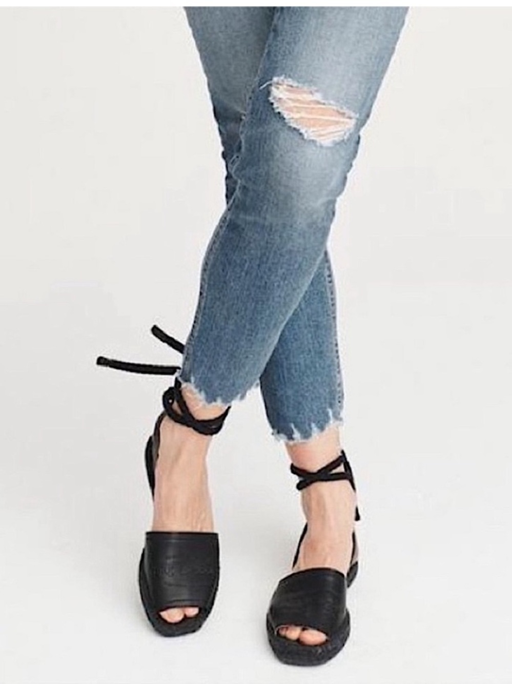rag & bone Estelle Black Leather Espadrille Sandals Ankle Tie Wrap Flat 7.5 37.5 - Picture 3 of 15